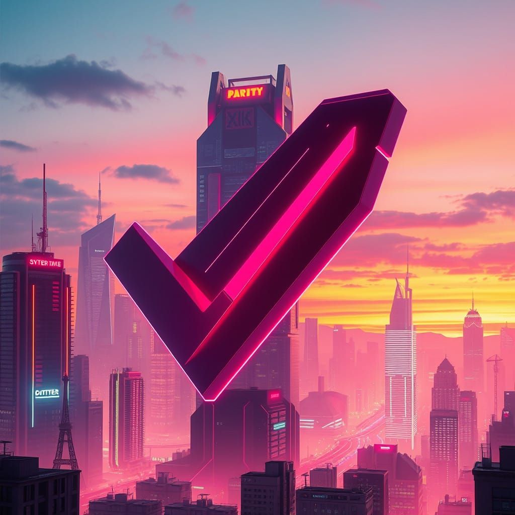 Neon Cyberpunk Metropolis with High-Tech Checkmarks