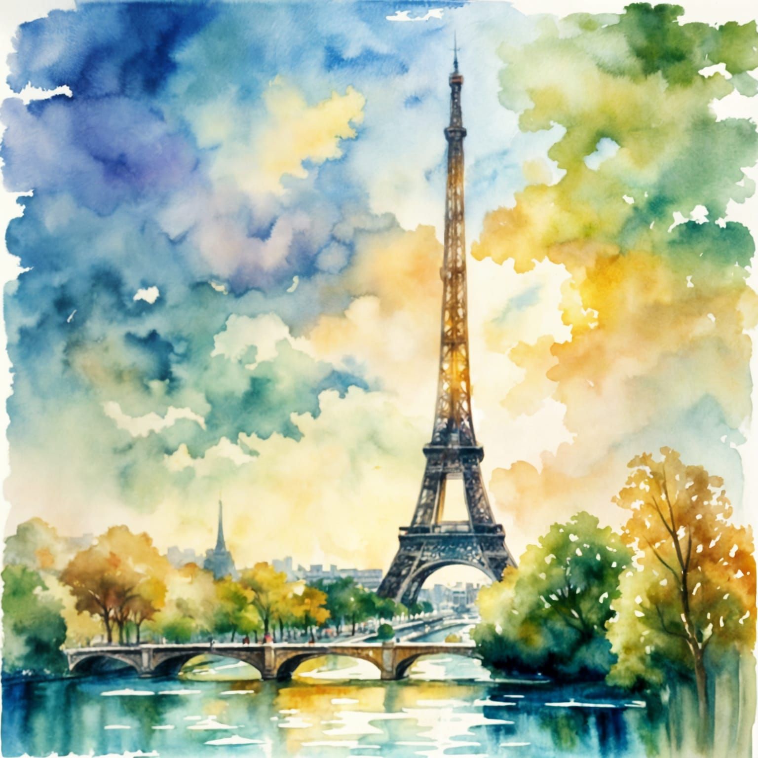 Watercolor Paris at Golden Hour