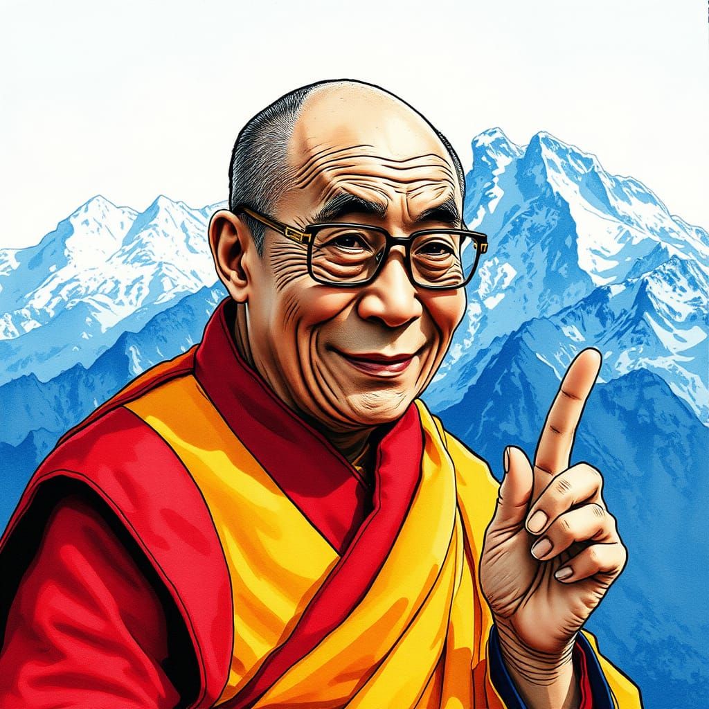 portrait Dalai Lama on the Himalaya, Peace Sign, Alcohol Ink,16k Resolution, Jun'ichi Kōuchi