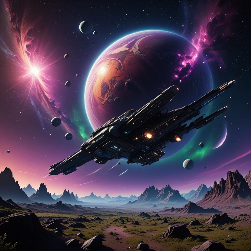 Epic Fantasy Gas Giant Planet with Majestic Spaceship