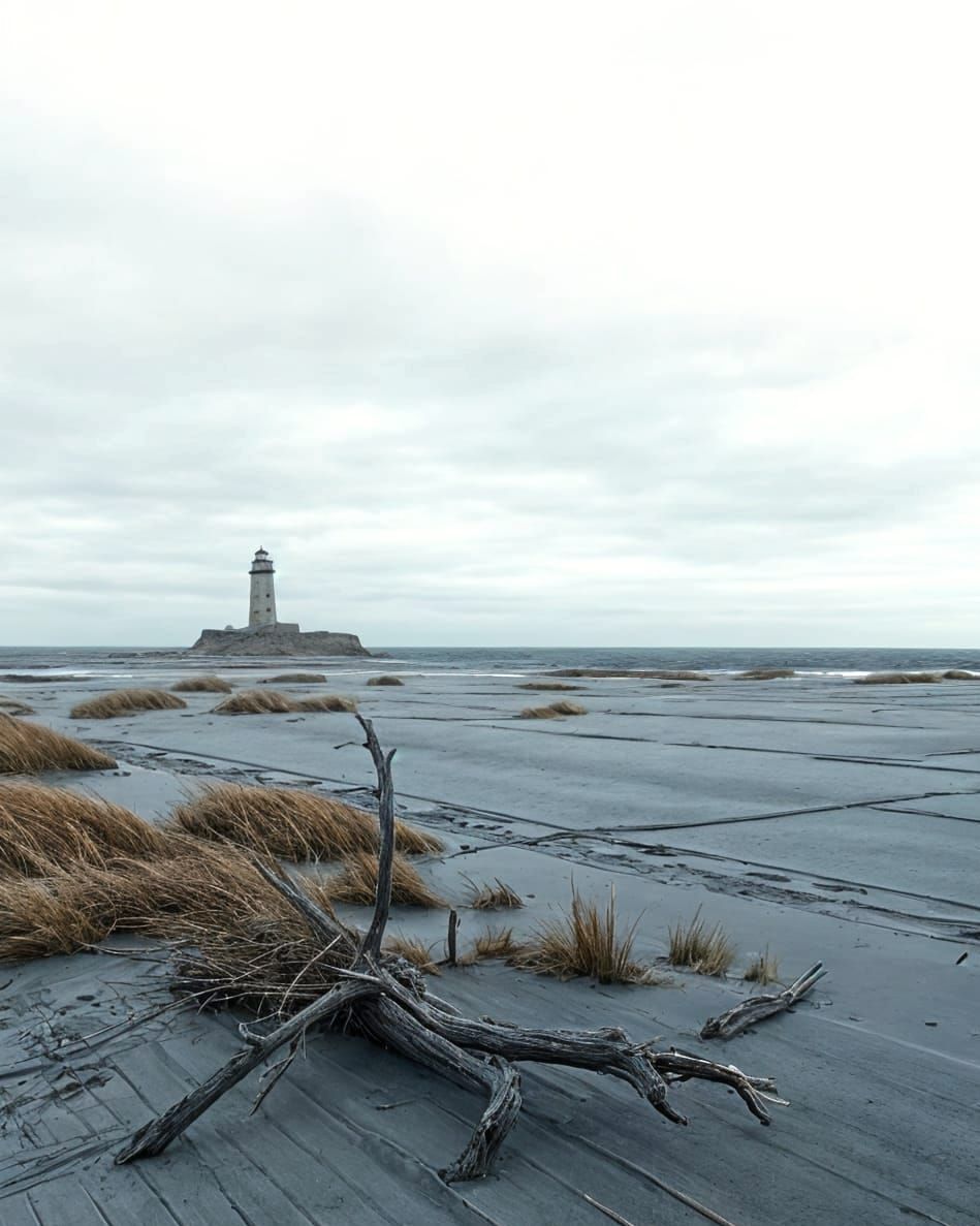 Melancholic Landscape: Distant Lighthouse on Windswept Beach