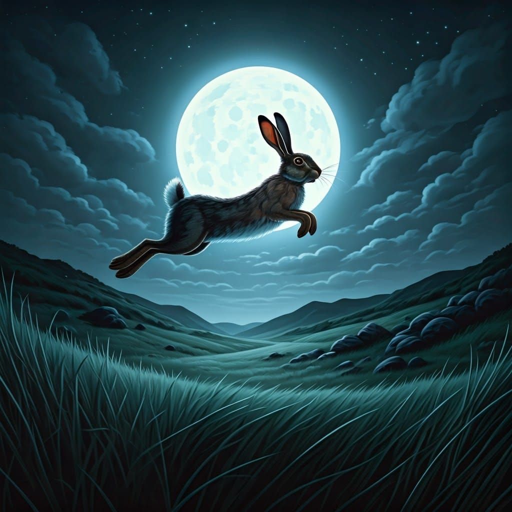 Rabbit Silhouette Under Full Moon in Dramatic Lighting
