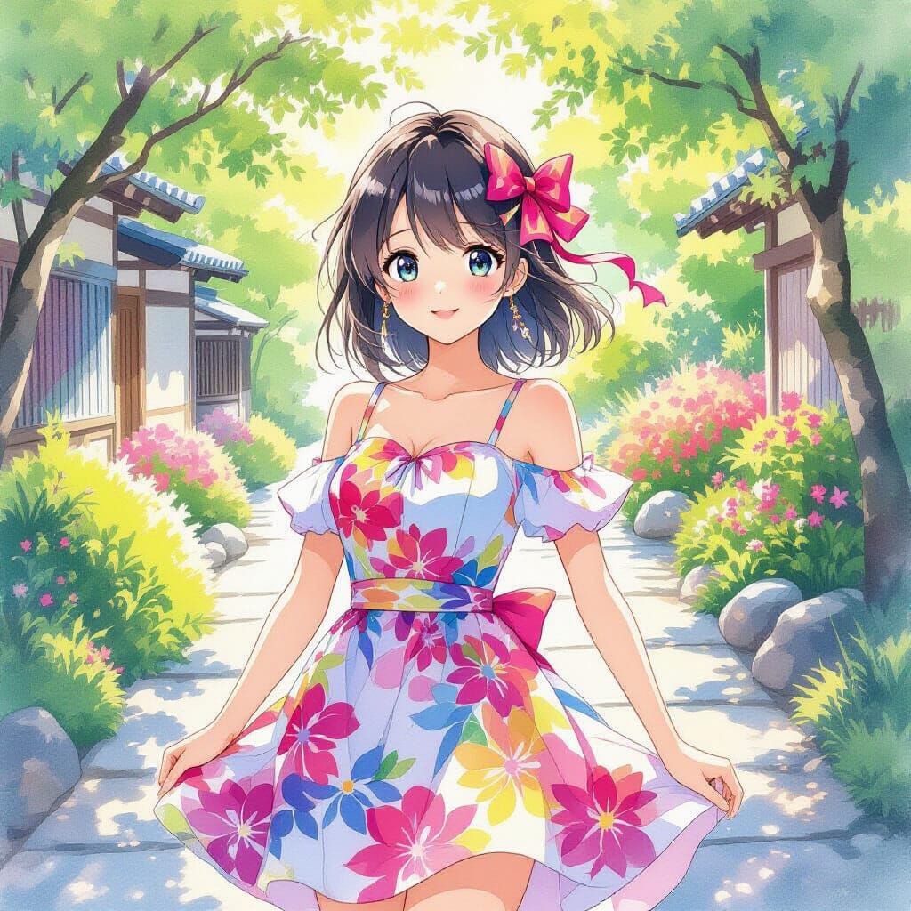 Anime Girl in Japanese Garden, Digital Painting Style