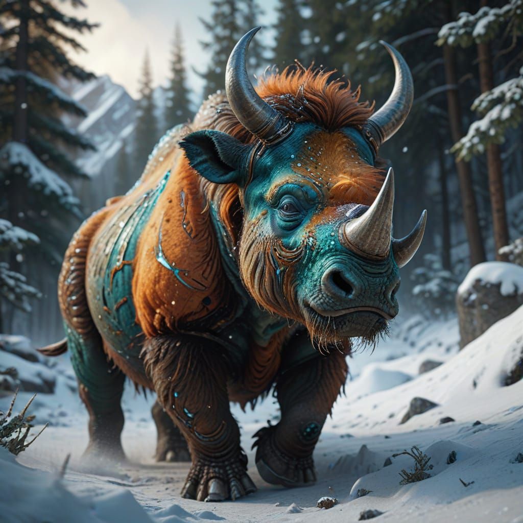 Crystalline Alien and Woolly Rhino in Hyperrealistic Style