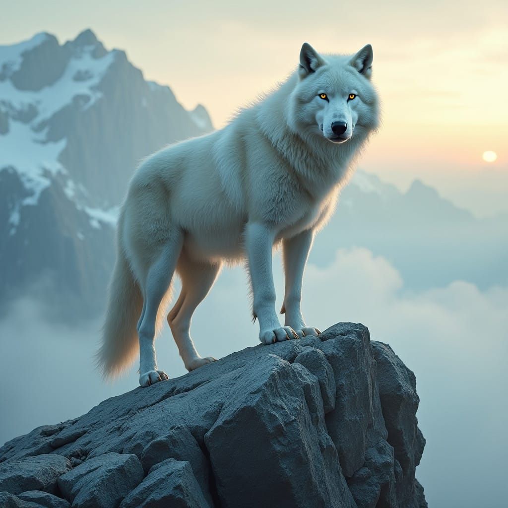 Futuristic Great White Wolf on Misty Mountain Peak