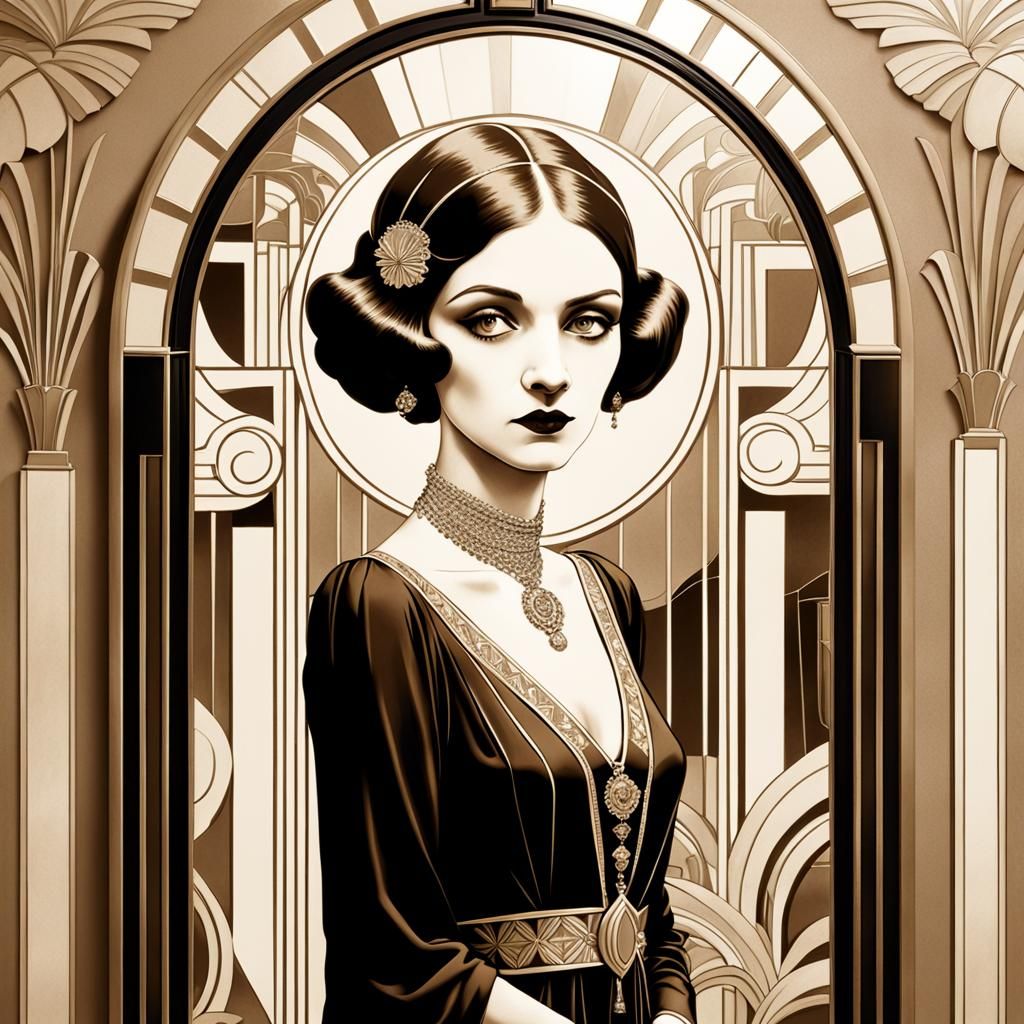 Court Lady in Art Deco Mirror, Beardsley Style