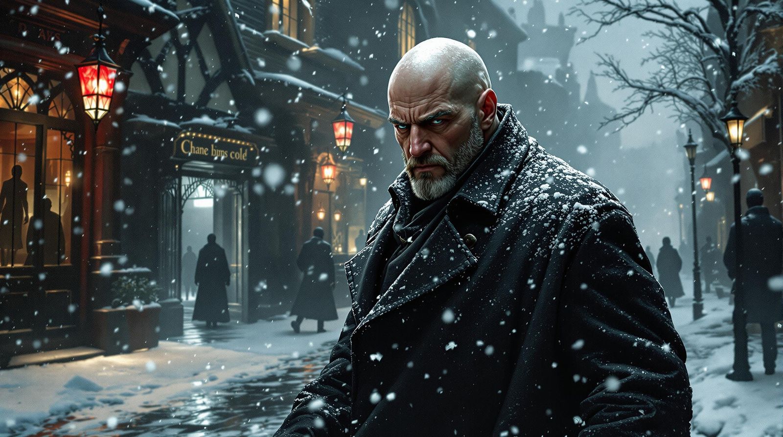 Mature Man Walks Through Snowy Old City Streets in Hyperreal...