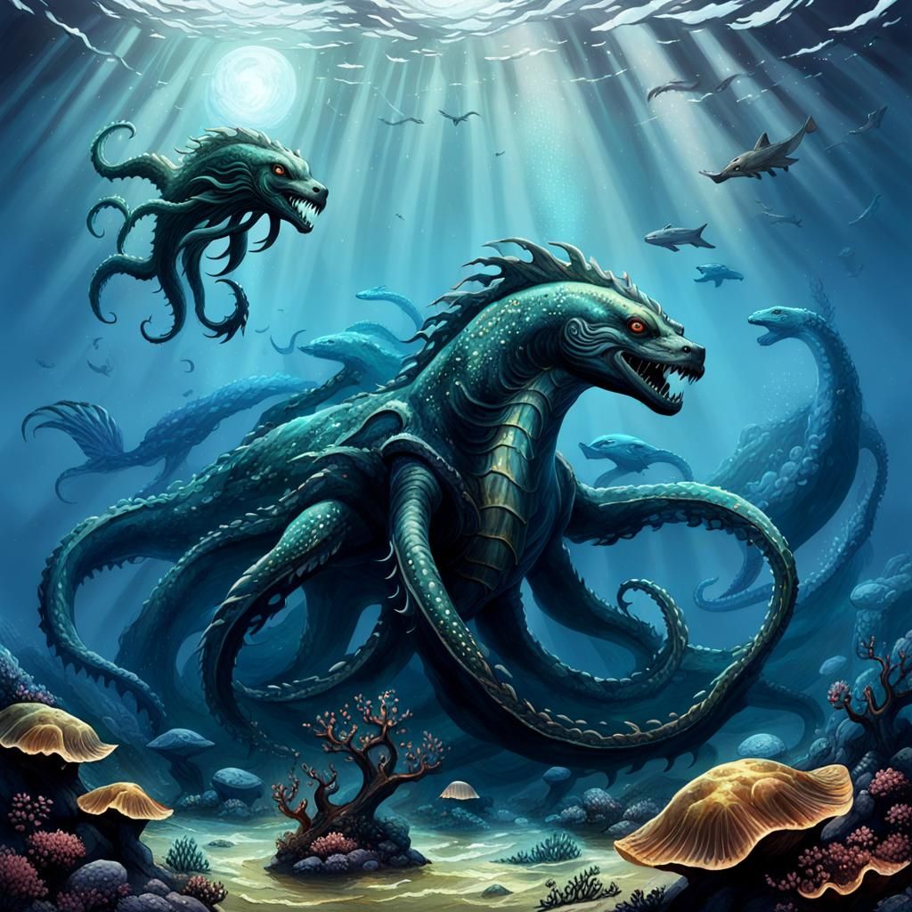 Mythological Sea Creatures in Deep Ocean Setting