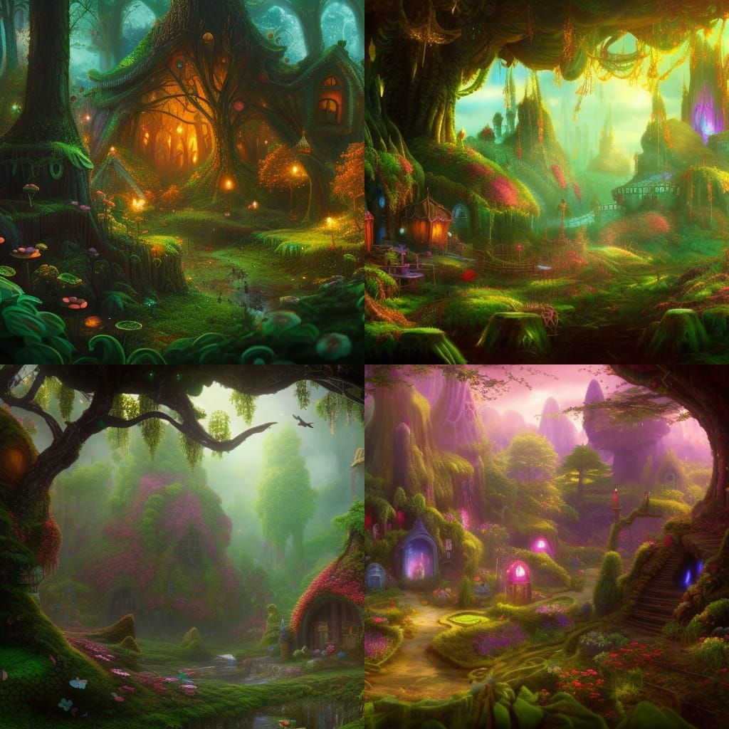 Enchanted Fairy Village in Forest: Detailed Matte Painting