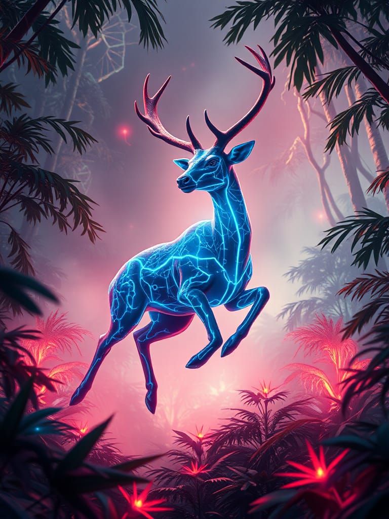 Cyberpunk Deer Leaps Through Futuristic Jungle