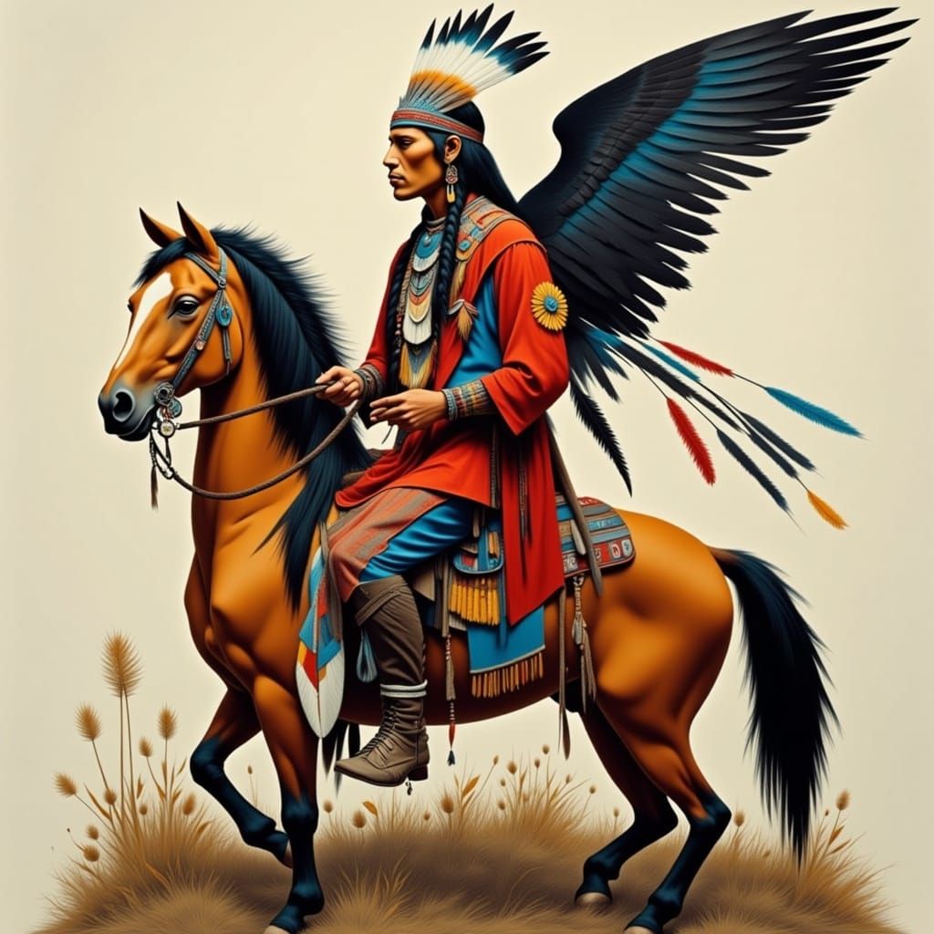 Native American Warrior in Traditional Regalia, Training Fal...