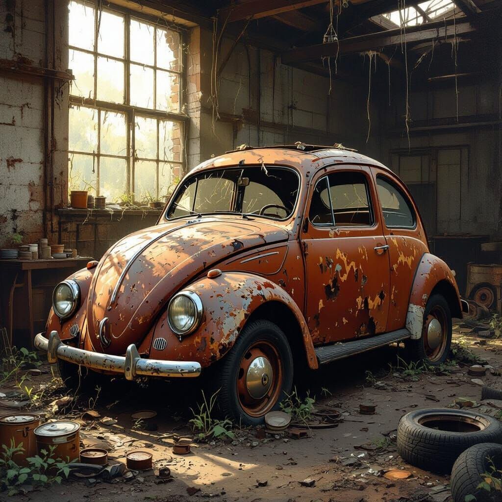 Abandoned Fiat Topolino in Derelict Workshop, Oil Painting