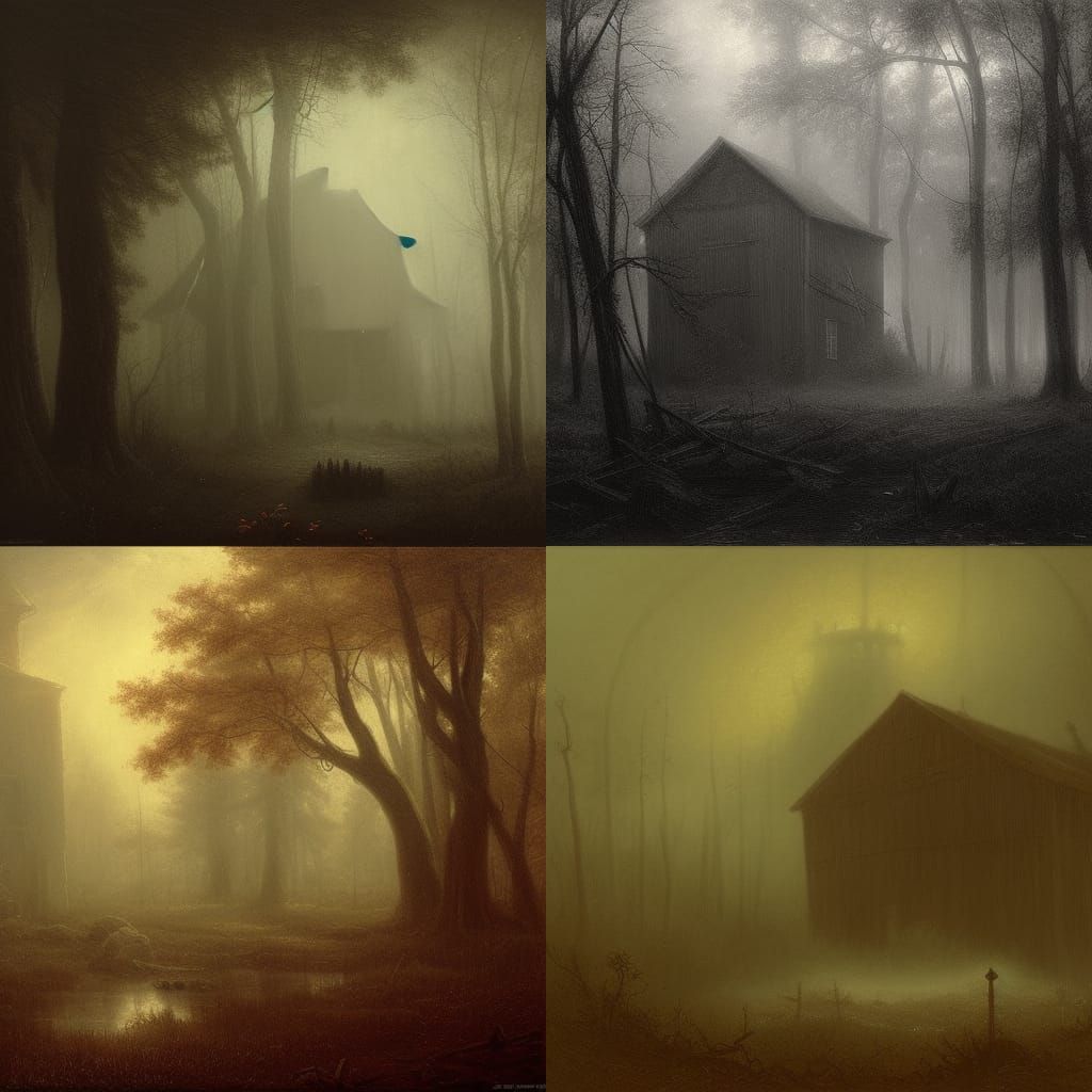 Horror Barn in Foggy Forest, Gustave Doré Style