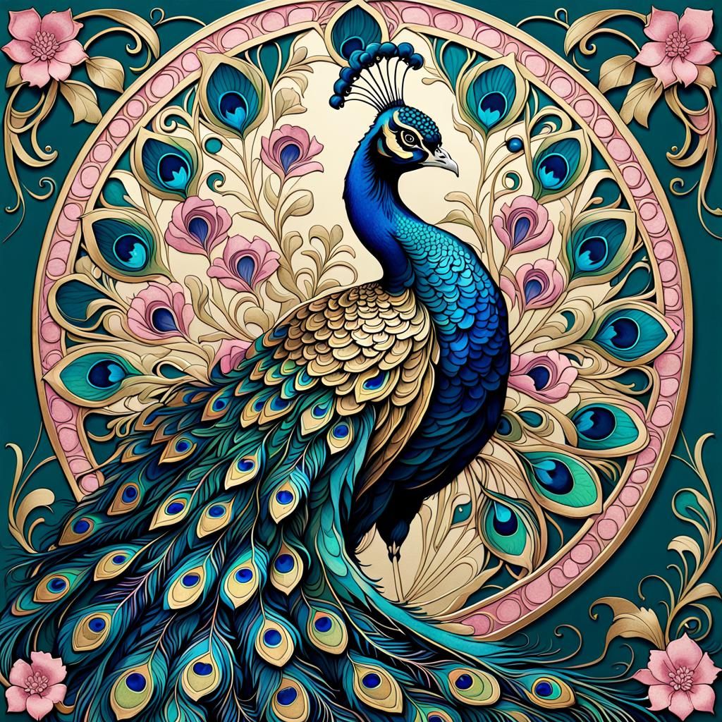 Art Nouveau Peacock with Ornate Feathers