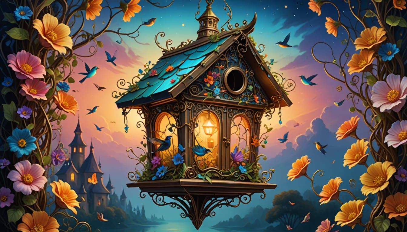 Ethereal Birdhouse: A Surreal Oil Painting