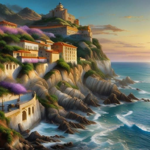 Sunlit Courtyard Overlooking Ocean Cliffs in Classical Oil S...