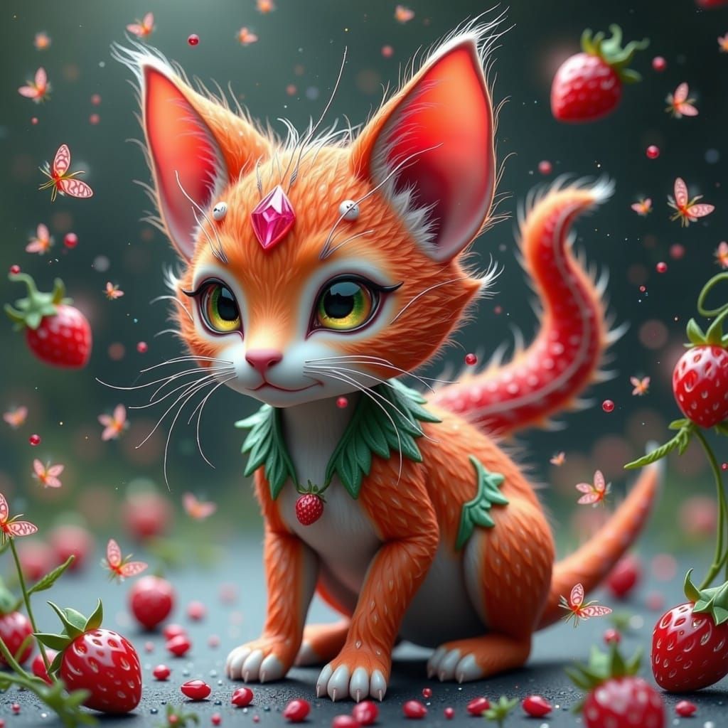 Whimsical Strawberry Kitten in a Lush Meadow