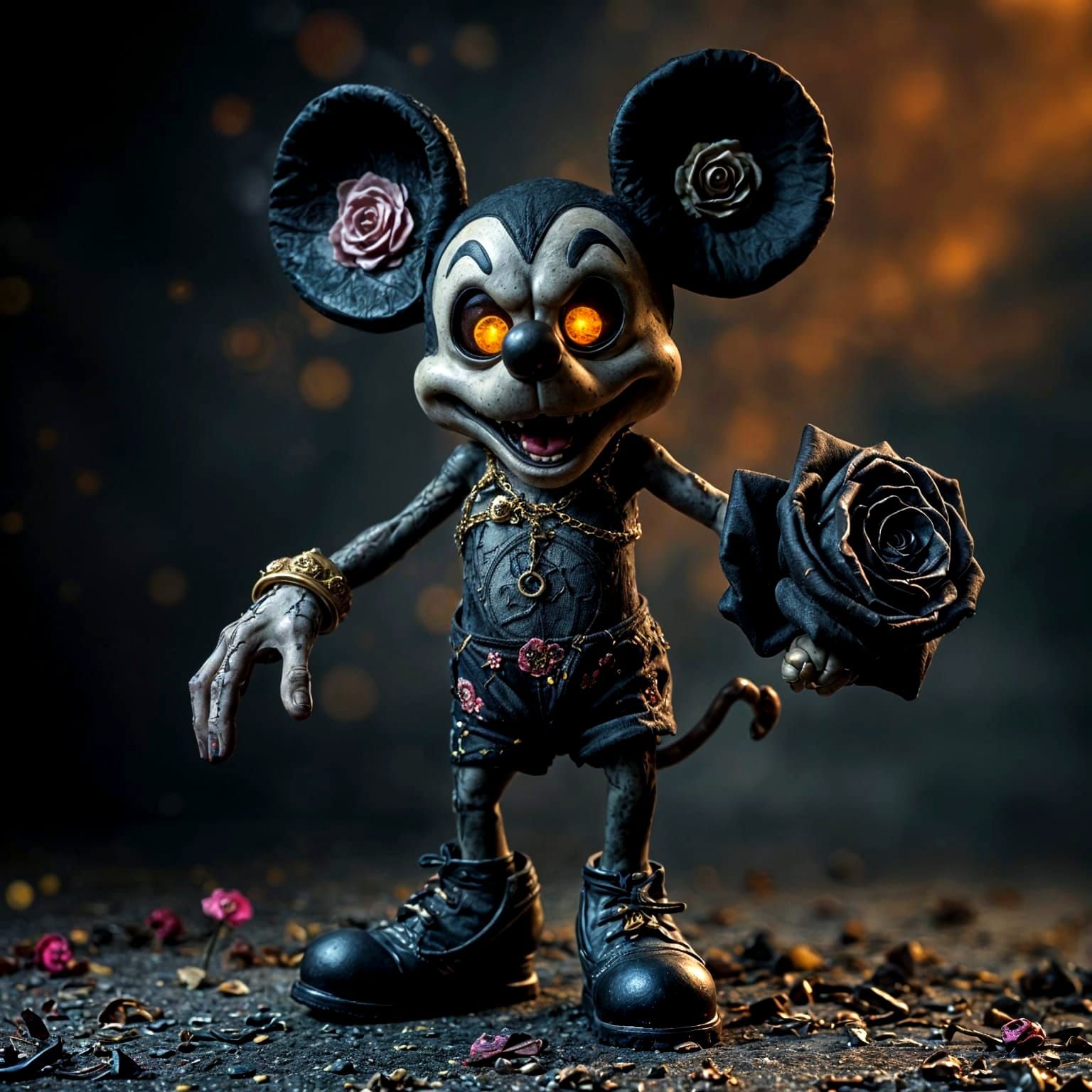 Zombie Mickey Mouse in High Heels with Floral Tattoos