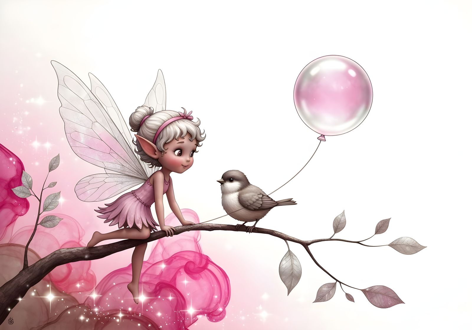 Fairie and Bird Playing: Sumi-e Style Pop Art