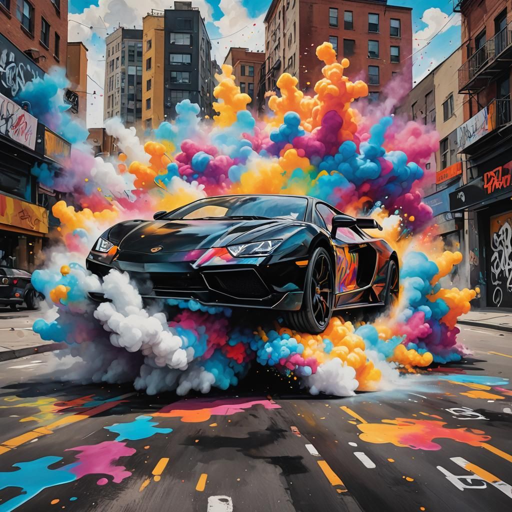 Black Supercar in Colorful Hyper-realistic Street Art