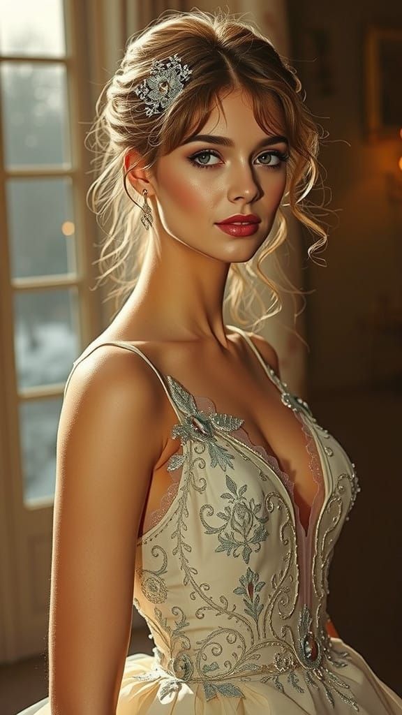 Elegant Lady in Wine Red Gown Amidst Snow-Covered Forest