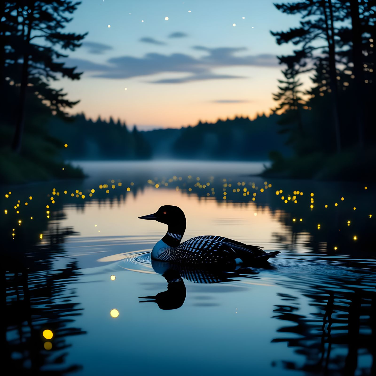 Loon Glides on Starry Lake: Cinematic Night Scene