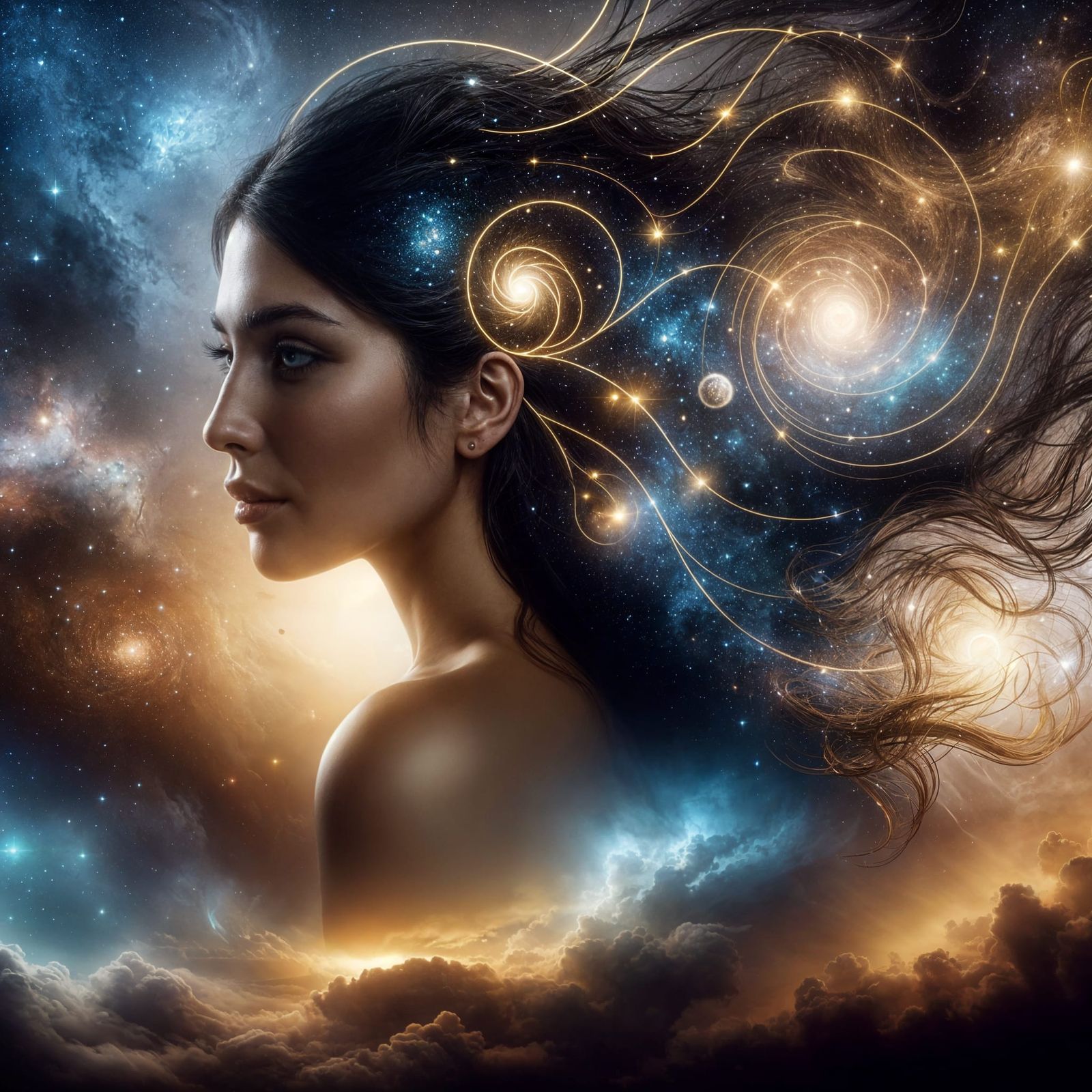 Serene Hispanic Goddess Among Starry Cosmos