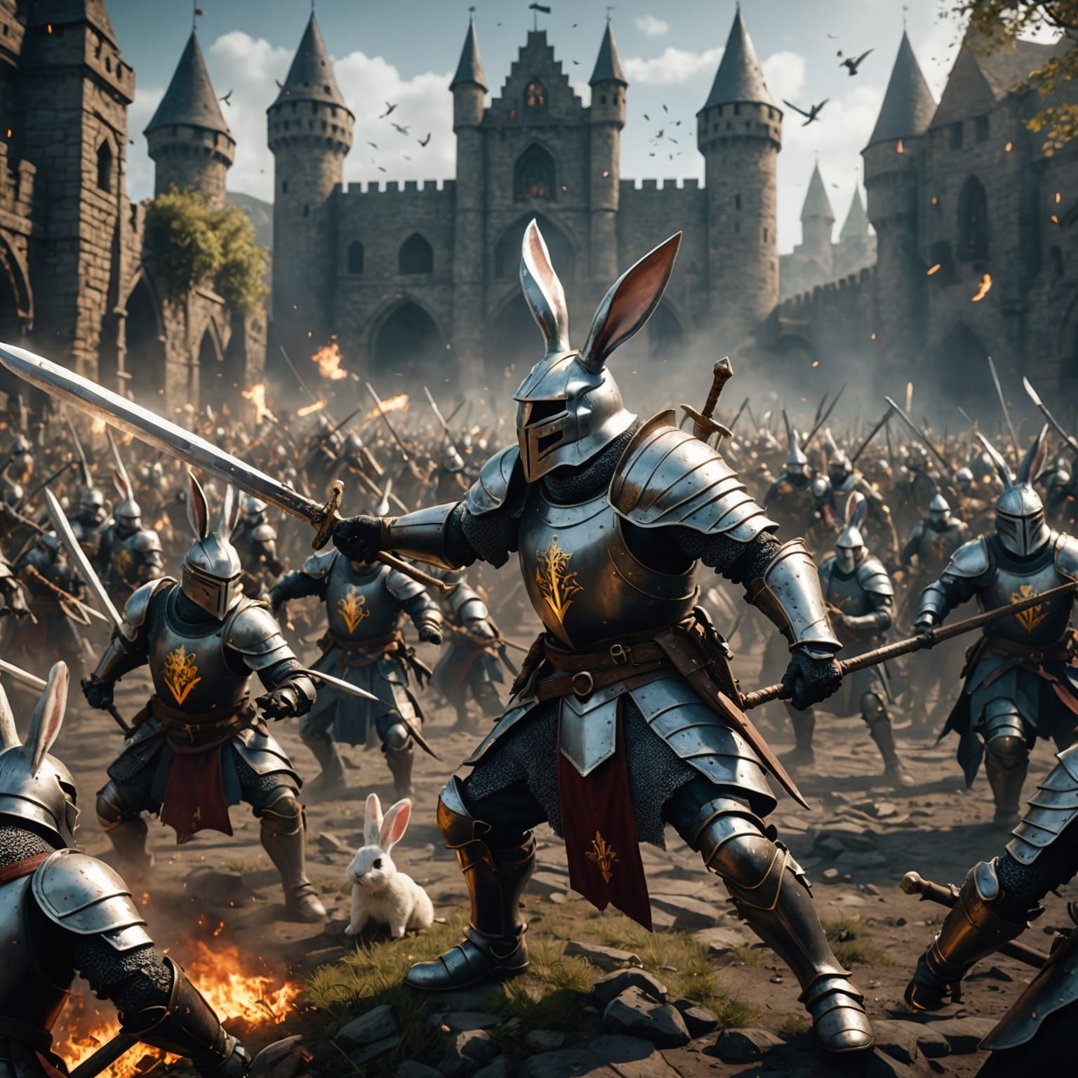 Knights vs Killer Bunny Army: Epic Battle Scene