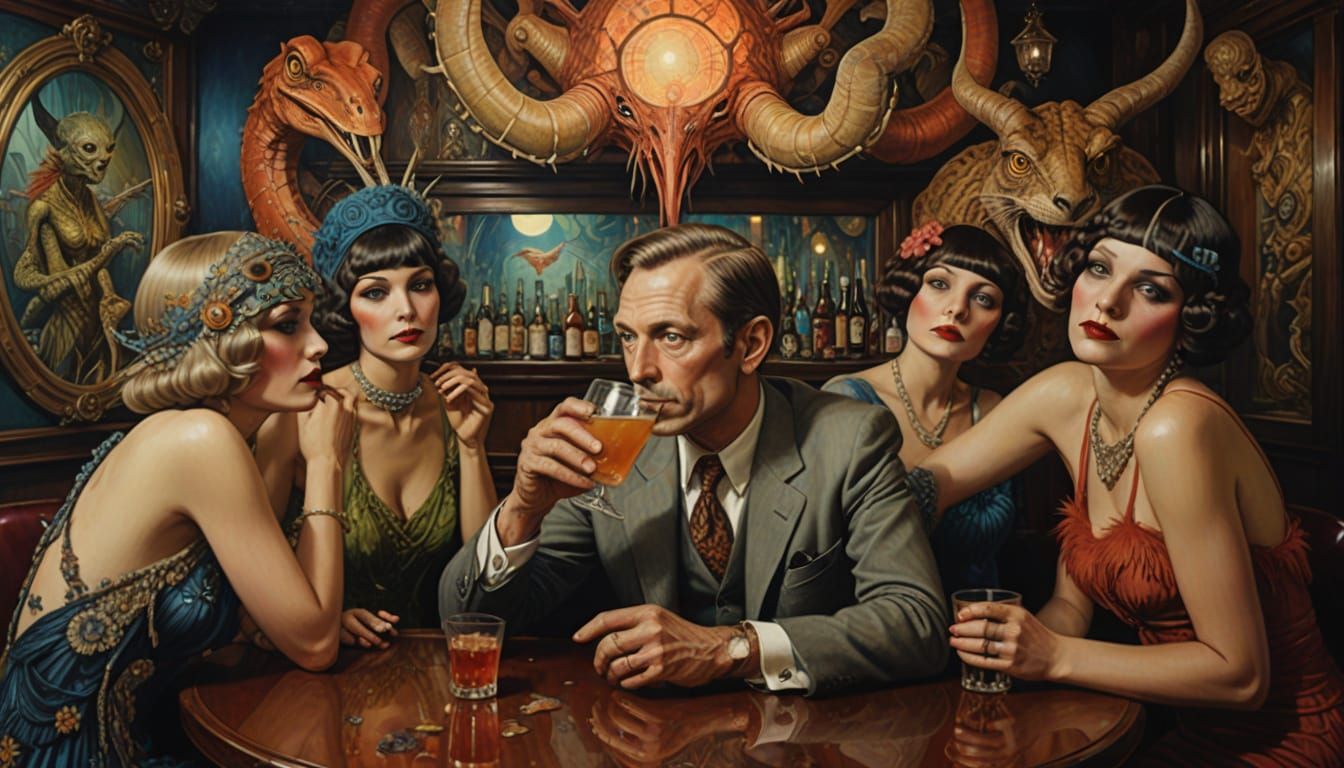 Otto Rapp in a 1920s Speakeasy, Surreal Painting