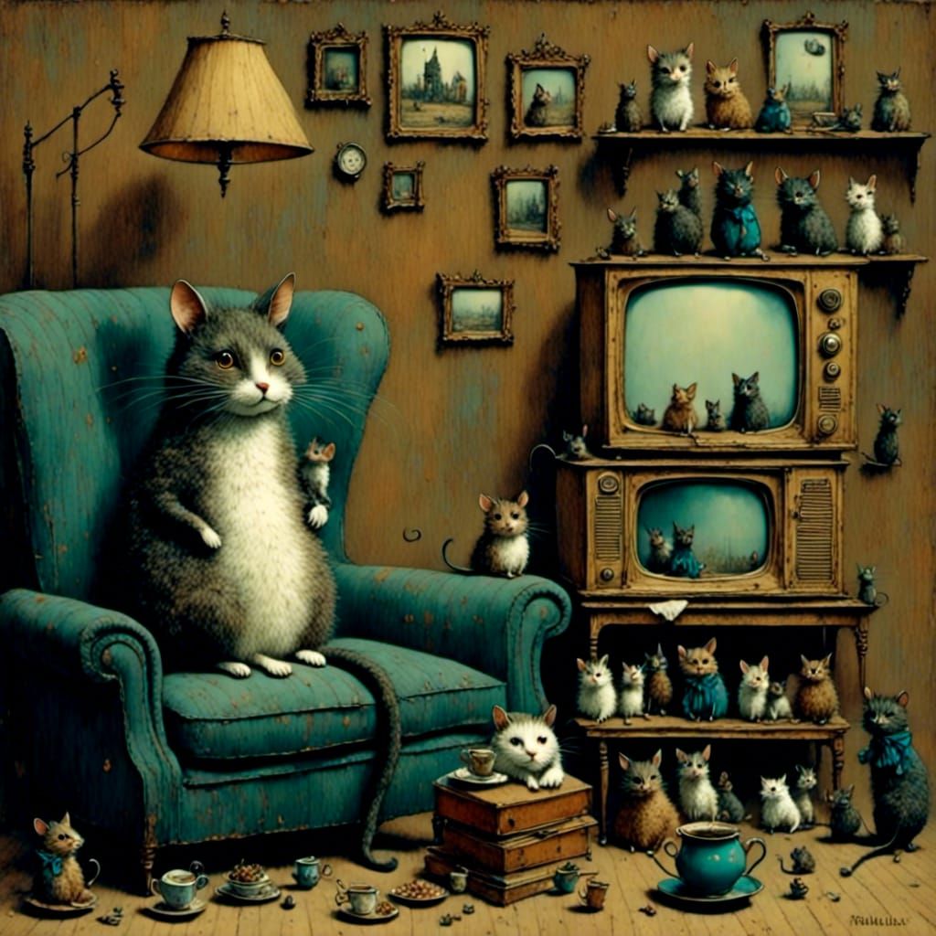 Mice Gather to Watch TV Head Cat