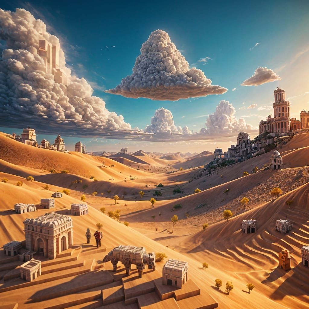 Vibrant Desert Oasis in Cubic Voxel Style