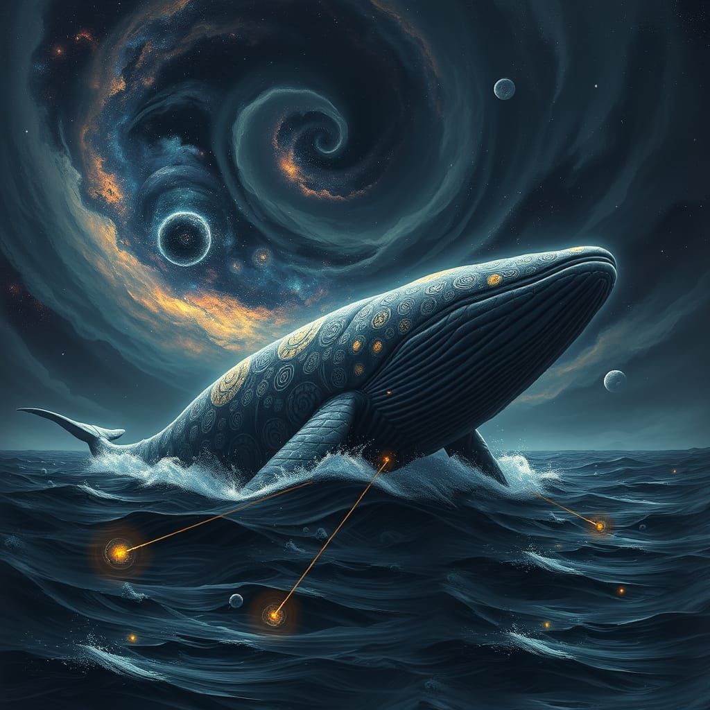 Cosmic Whale Breaches Stormy Sea Under Nebula Sky