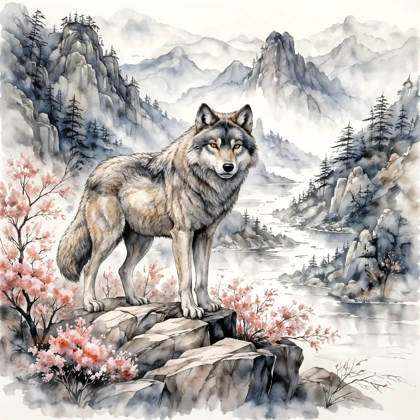 Mystical Wolf in Watercolor Landscape