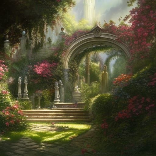 Lush Victorian Garden with Arches in Gothic Style