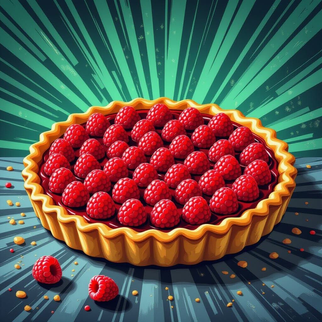 Hyperrealistic Raspberry Tart in Comic Book Style