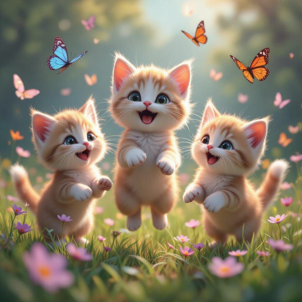 Joyful Kittens Play With Butterflies in Pastel Animation Sty...