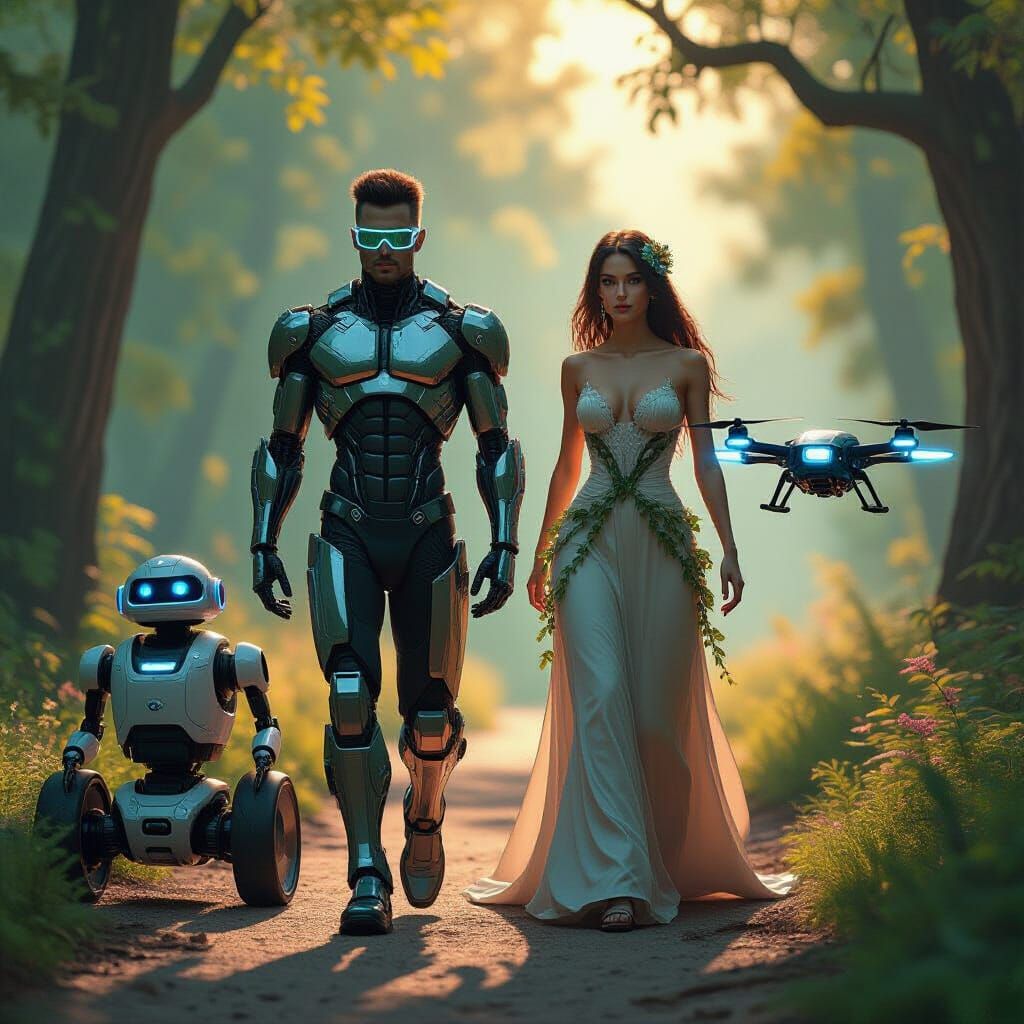 Cyberpunk Dryad, Droid, and Drone in Enchanted Forest
