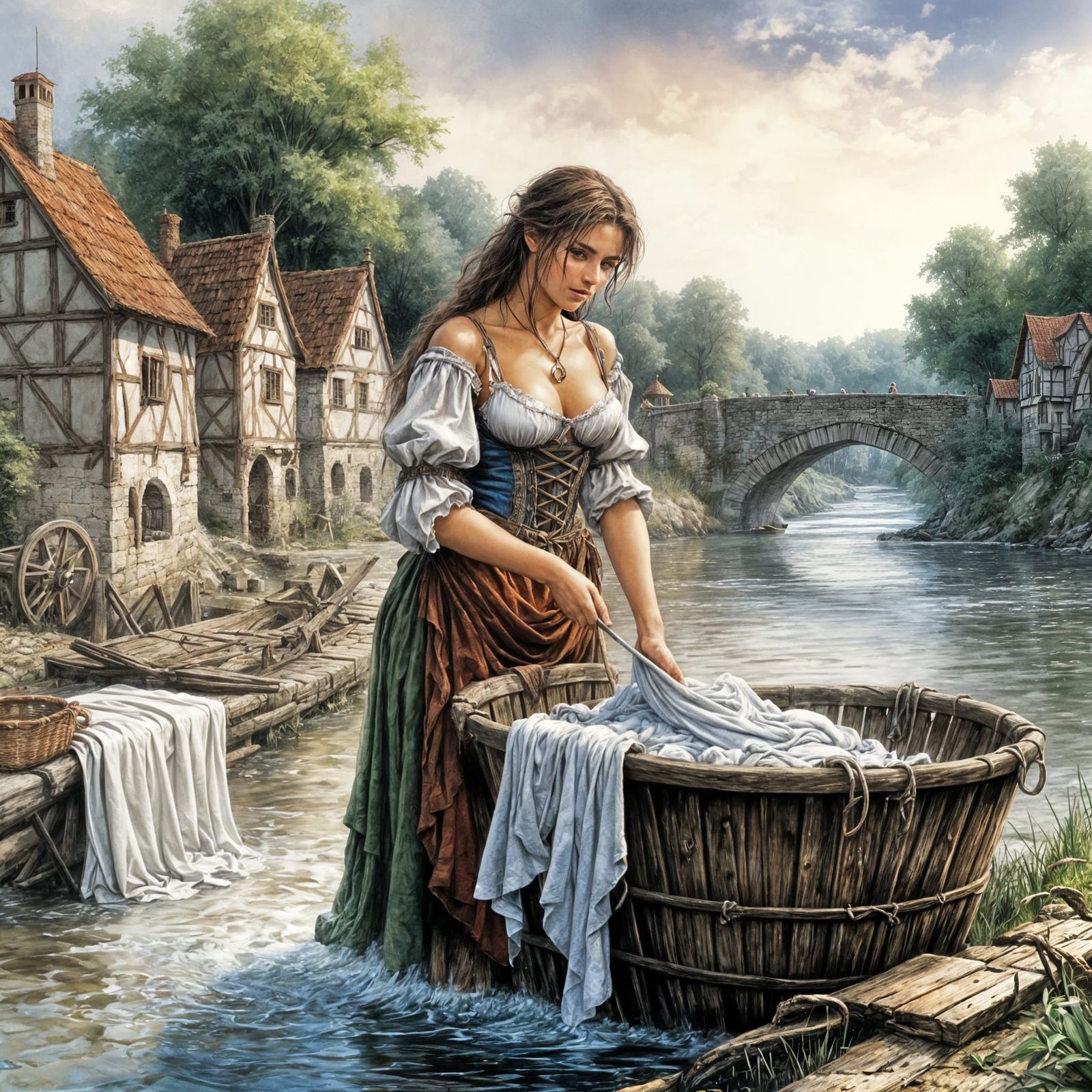 Medieval Woman Doing Laundry: Comic Book Illustration