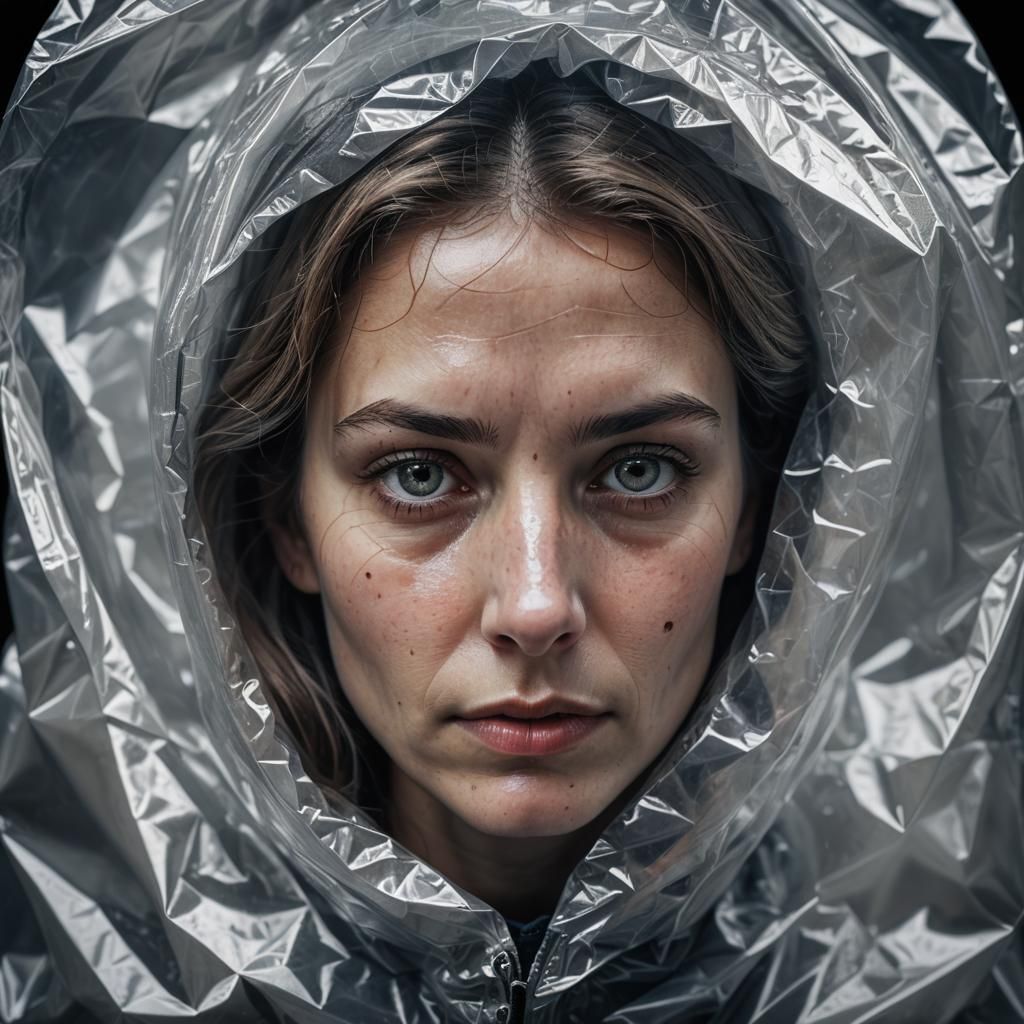 Hyperrealistic Woman's Head Encased in Plastic Bag