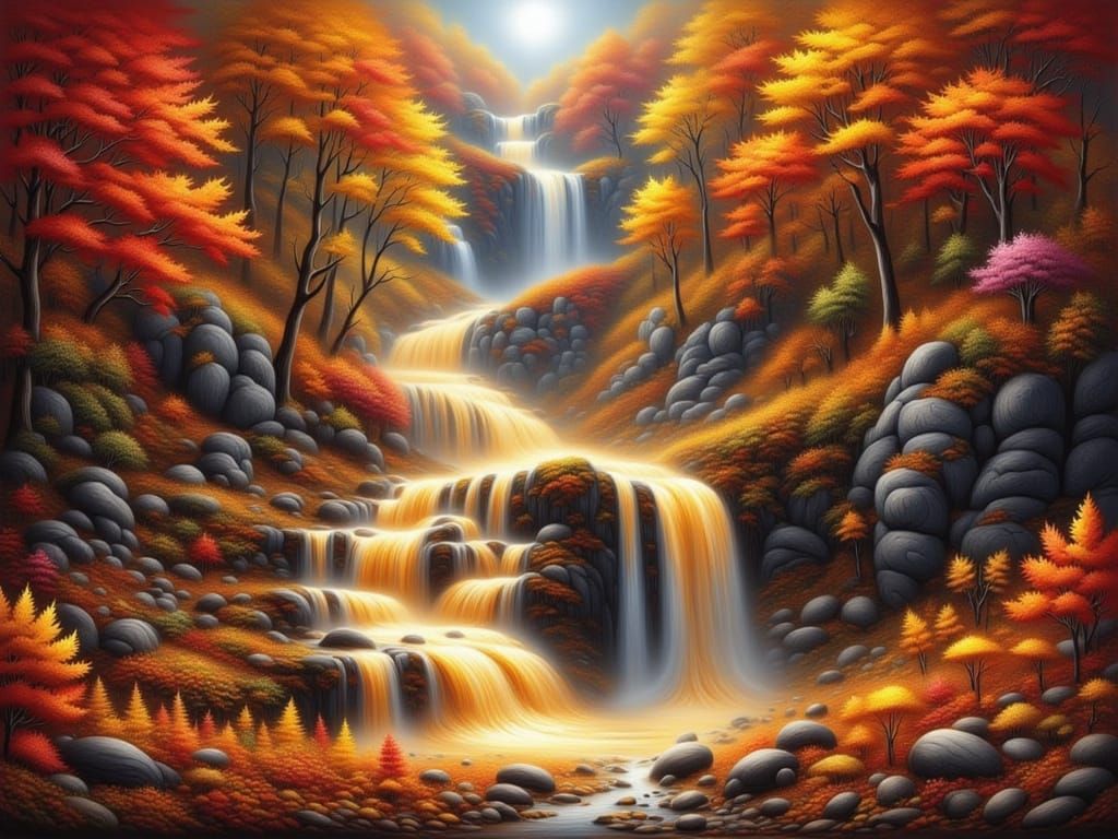 Magical Waterfall of Gold and Starlight in Autumn