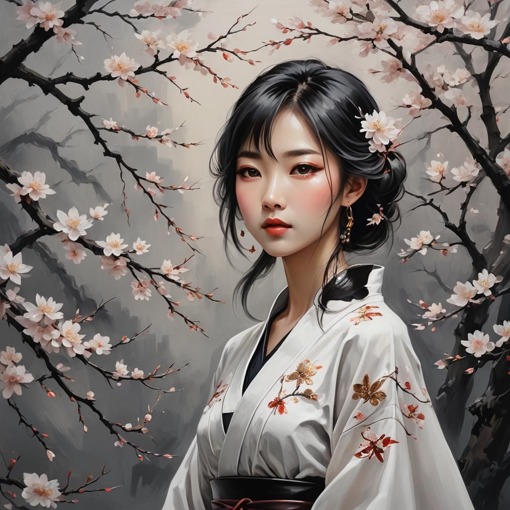 Anime Girl in Chinese Art Inspired Oil Painting