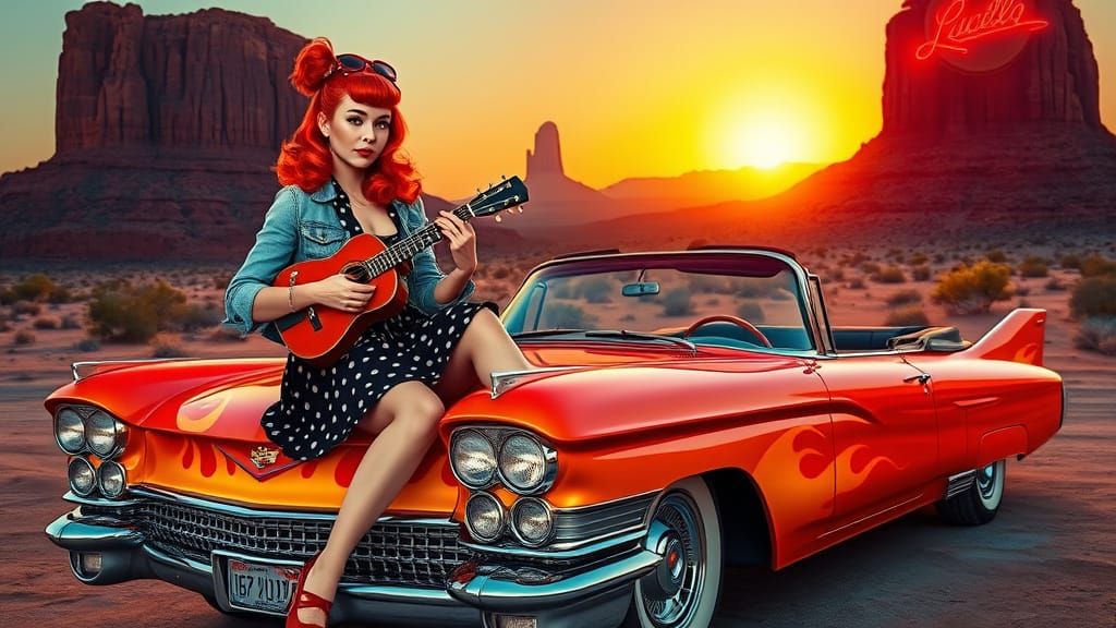 Rockabilly Pin-Up Girl on Cadillac in Americana Style