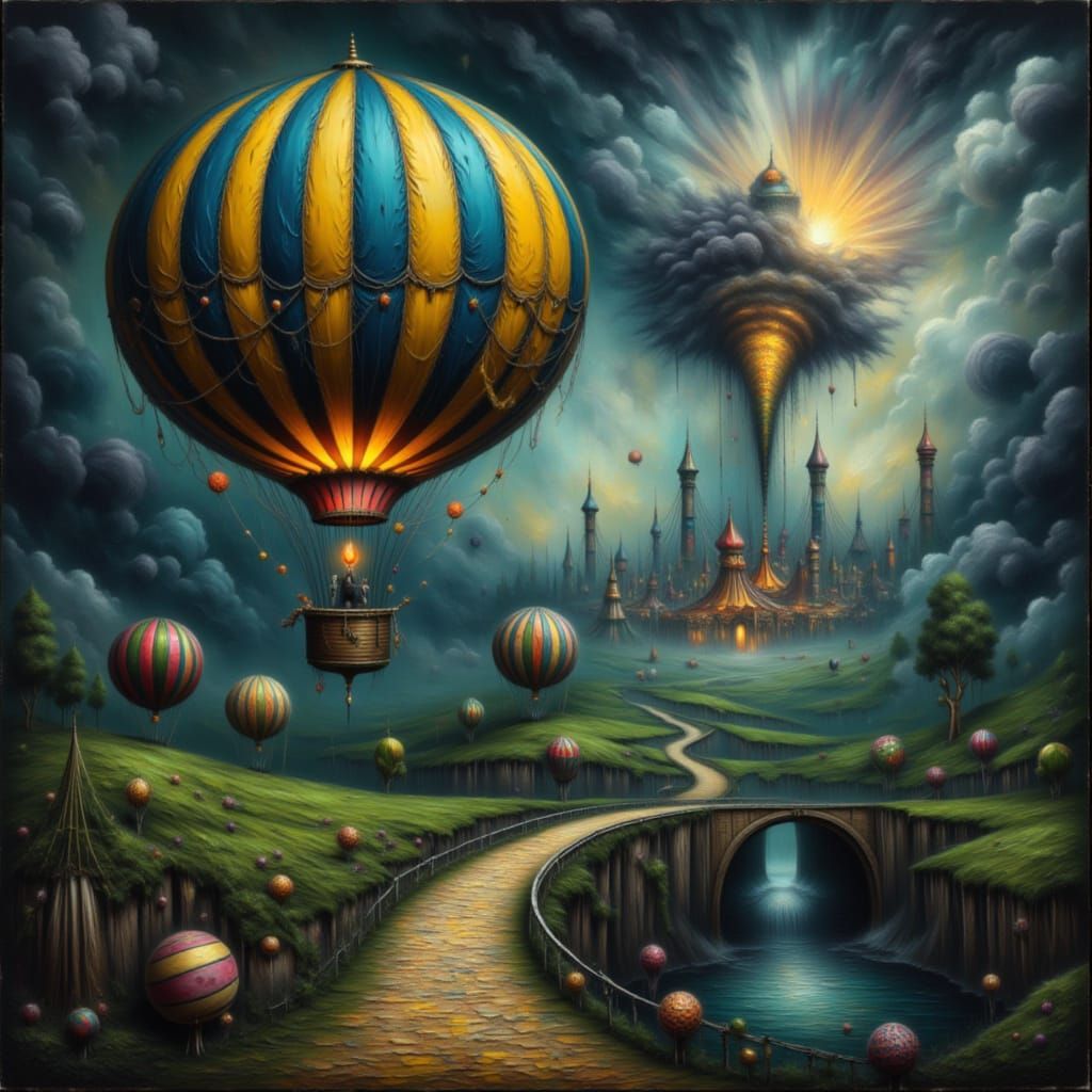 Hot Air Balloon Over Emerald City in Stormy Fantasy Landscap...