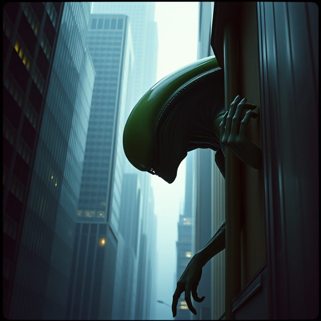Giant Alien Hides in Moody Futuristic Cityscape