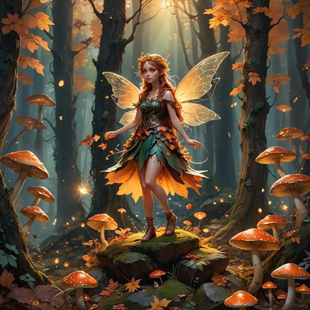 Autumn Fairy Guardian in Enchanted Forest Setting