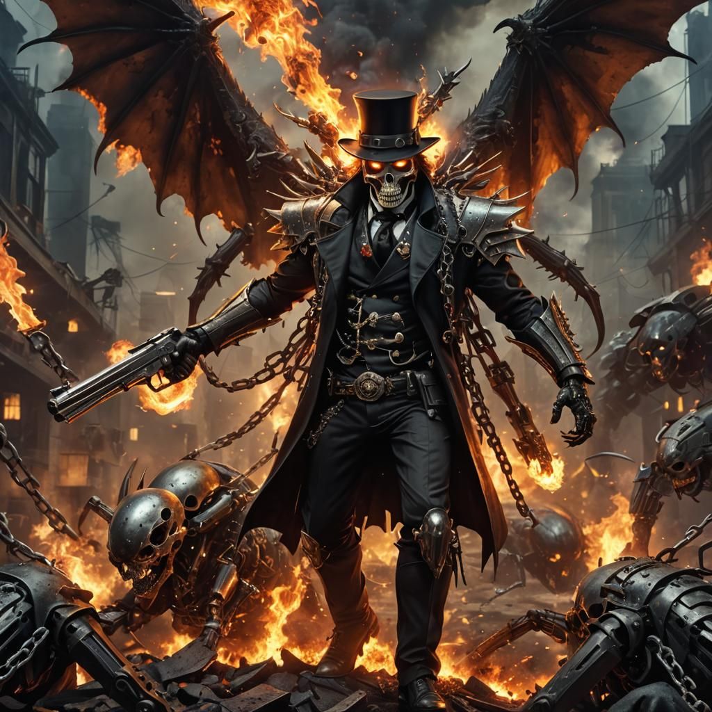 Fiery Robotic Skull Warrior with Revolver