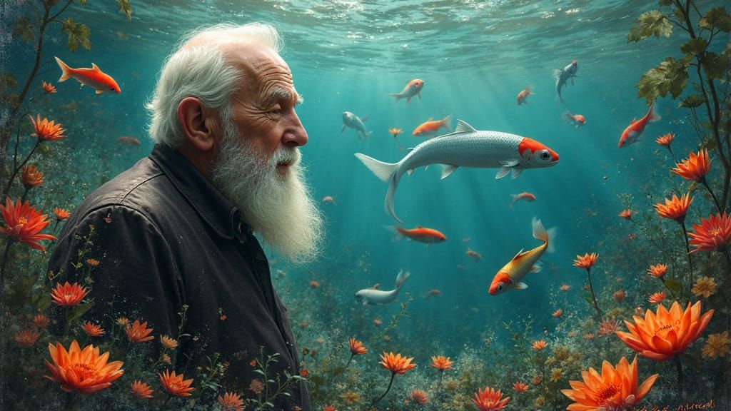Elderly Man Amidst Vibrant Aquatic Tapestry in Hyperrealisti...