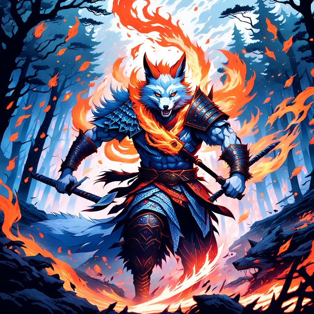 Kitsune Barbarian Charges into Battle: Digital Art