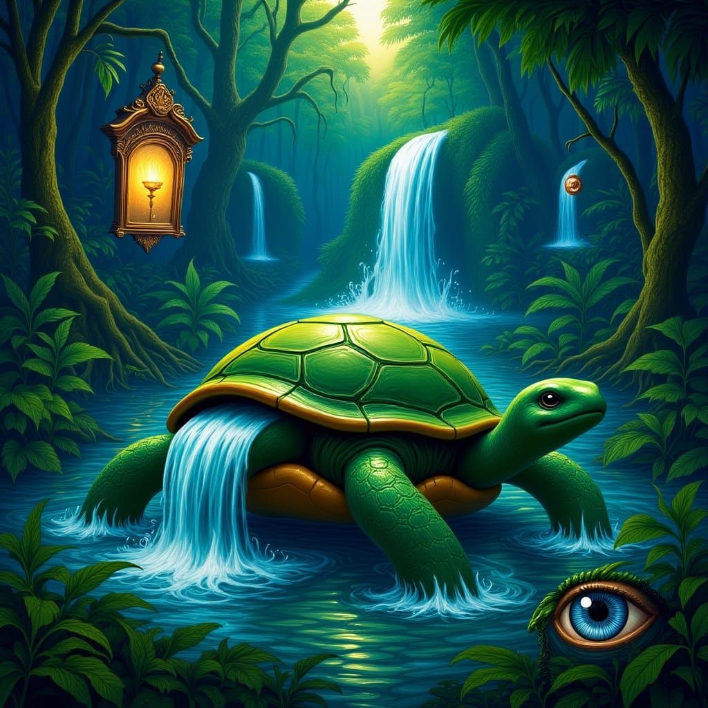 Turtle Waterfall Dreamscape in Digital Art Style