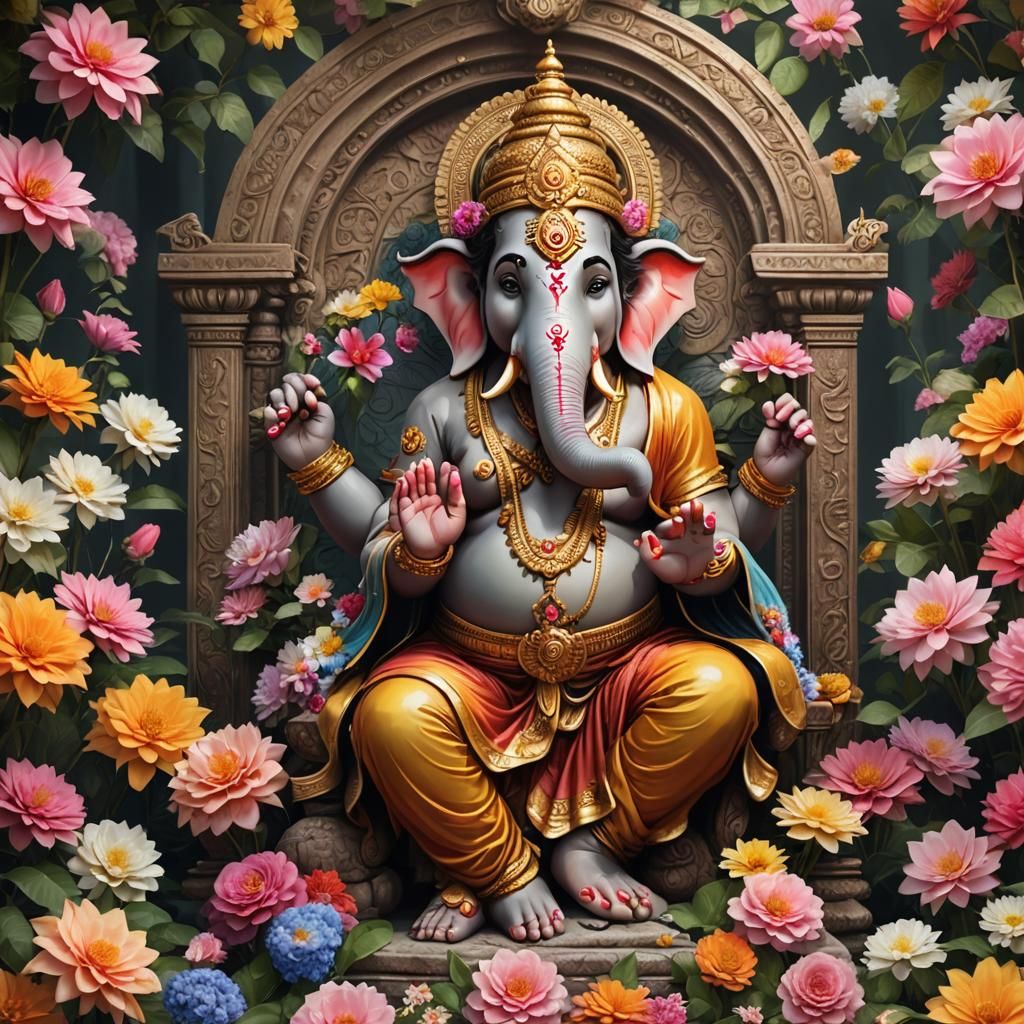 Ganesha in Temple Garden: Hyperrealistic 8K Render